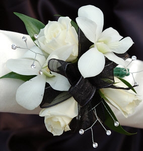 White Sweetheart Rose and White Orchid Corsage - Black