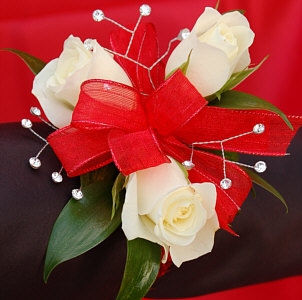 White Sweetheart Rose Corsage - Red