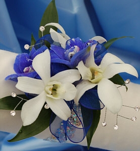 White Orchid and Delphinium Corsage - Blue