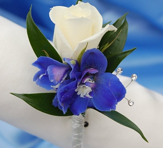 White Sweetheart Rose and Delphinium Boutonniere - Blue
