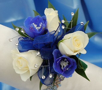 White Sweetheart Rose and Delphinium Corsage - Blue