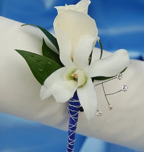White Sweetheart Rose and White Orchid Boutonniere - Blue