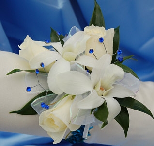 White Sweetheart Rose and White Orchid Corsage - Blue