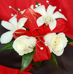 White Sweetheart Rose and White Orchid Corsage - Red