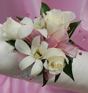 White Sweetheart Rose and White Orchid Corsage - Pink