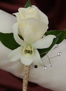 White Sweetheart Rose and White Orchid Boutonniere - Gold