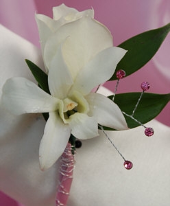 White Sweetheart Rose and White Orchid Boutonniere - Pink