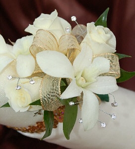White Sweetheart Rose and White Orchid Corsage - Gold
