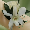 White Sweetheart Rose and White Orchid Boutonniere - Green