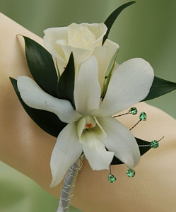 White Sweetheart Rose and White Orchid Boutonniere - Green