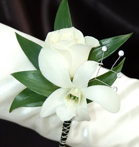 White Sweetheart Rose and White Orchid Boutonniere - Black
