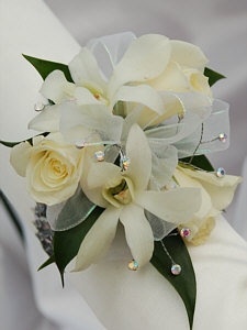 White Sweetheart Rose and White Orchid Corsage - White